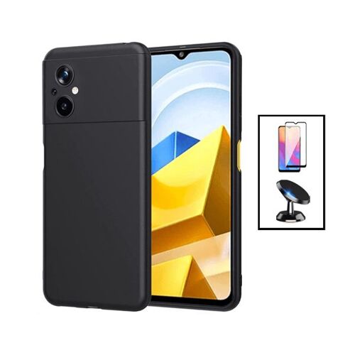 Kit Film Verre Trempé 5D Full Cover + Coque Silicone Liquide + Support Magnétique de Voiture pour Xiaomi Poco M5 - Noir
