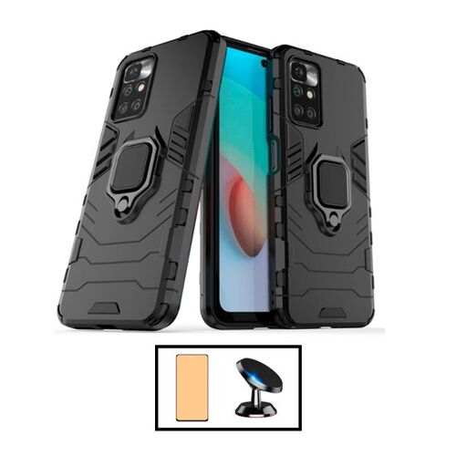 Kit Verre Trempé CeramicGlass Full Cover + Coque 3X1 Military Defender + Support Magnétique de Voiture pour Xiaomi Redmi 10 Prime 2022 - Noir