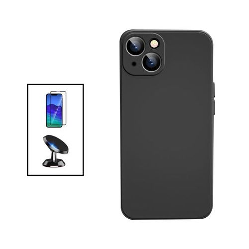 Kit Film Verre Trempé 5d Full Cover + Coque Silicone Liquide + Support Magnétique De Voiture Pour Apple Iphone 14 - Noir