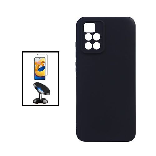 Kit Film Verre Trempé 5D Full Cover + Coque Silicone Liquide + Support Magnétique de Voiture pour Xiaomi Redmi 10 Prime 2022 - Noir