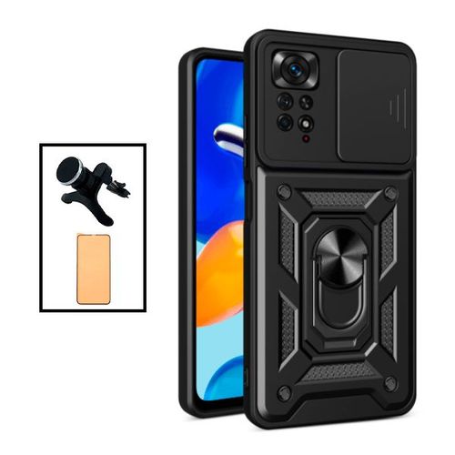 Kit Verre Trempé Ceramicglass Full Cover + Coque Magnetic Military Defender Slide Window Anti-Impact + Support Magnétique De Voiture Renforcé Pour Xiaomi Redmi Note 11 Pro - Noir