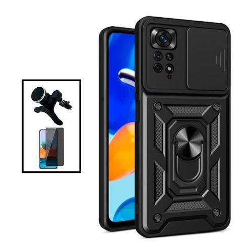 Kit Verre Trempé 5d Anti-Spy + Coque Magnetic Military Defender Slide Window Anti-Impact + Support Magnétique De Voiture Renforcé Pour Xiaomi Redmi Note 11 Pro - Noir