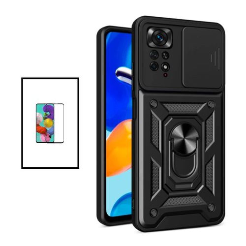 Kit Film Verre Trempé 5d Full Cover + Coque Magnetic Military Defender Slide Window Anti-Impact Pour Xiaomi Redmi Note 11 Pro - Noir
