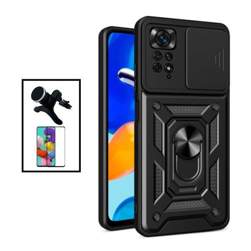 Kit Film Verre Trempé 5d Full Cover + Coque Magnetic Military Defender Slide Window Anti-Impact + Support Magnétique De Voiture Renforcé Pour Xiaomi Redmi Note 11 Pro - Noir