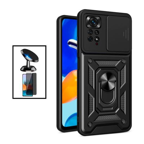 Kit Verre Trempé 5d Anti-Spy + Coque Magnetic Military Defender Slide Window Anti-Impact + Support Magnétique De Voiture Pour Xiaomi Redmi Note 11 Pro - Noir