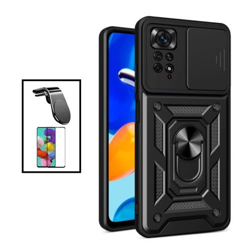 Kit Film Verre Trempé 5d Full Cover + Coque Magnetic Military Defender Slide Window Anti-Impact + Support Magnétique L Safe Driving Voiture Pour Xiaomi Redmi Note 11 Pro - Noir