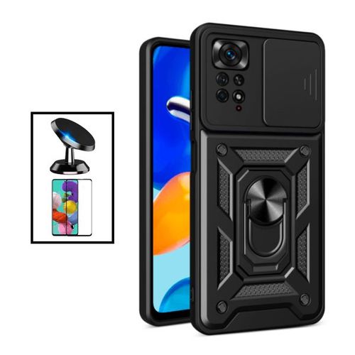 Kit Film Verre Trempé 5d Full Cover + Coque Magnetic Military Defender Slide Window Anti-Impact + Support Magnétique De Voiture Pour Xiaomi Redmi Note 11 Pro - Noir