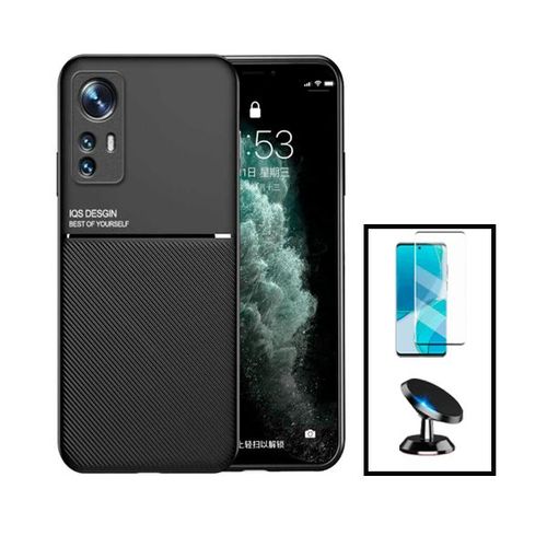 Kit Coque Magnetic Lux + Film Verre Trempé 5d Full Cover Curved + Support Magnétique De Voiture Pour Xiaomi 12 Pro - Noir