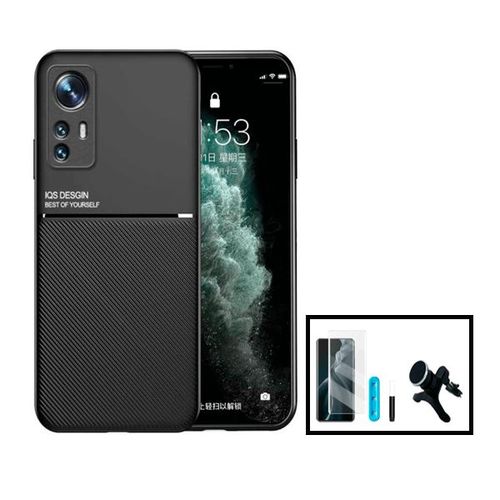 Kit Coque Magnetic Lux + Film Verre Trempé Nano Curved Uv + Support Magnétique De Voiture Renforcé Pour Xiaomi 12 Pro - Noir