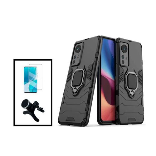 Kit Film Verre Trempé Curved + Coque 3x1 Military Defender + Support Magnétique De Voiture Renforcé Pour Xiaomi 12 Pro - Noir