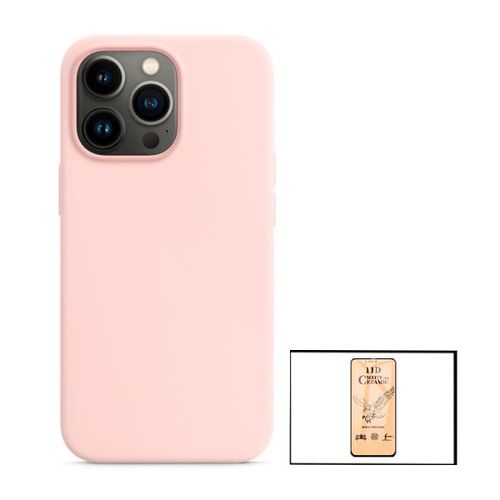 Kit Film De Verre Trempé Ceramicglass Full Cover + Coque Silicone Liquide Pour Iphone 13 Pro - Rose