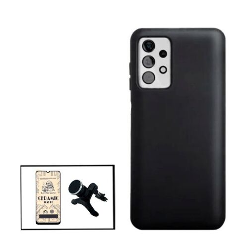 Kit Film De Verre Trempé Ceramicglass Full Cover + Coque Silicone Liquide + Support Magnétique De Voiture Renforcé Pour Samsung Galaxy A32 5g