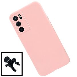 Kit Film De Verre Trempé 5d Full Cover + Coque Silicone Liquide + Support Magnétique De Voiture Renforcé Pour Oppo A16 - Rose