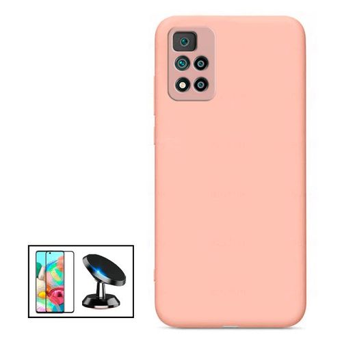 Kit Film De Verre Trempé 5d Full Cover + Coque Silicone Liquide + Support Magnétique De Voiture Pour Xiaomi Poco X4 Pro 5g - Rose