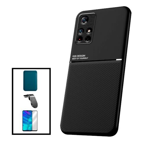Kit Coque Magnetic Lux + Magnetic Wallet Blue + 5d Full Cover + Support Magnétique L Safe Driving Pour Xiaomi Poco M4 Pro 5g