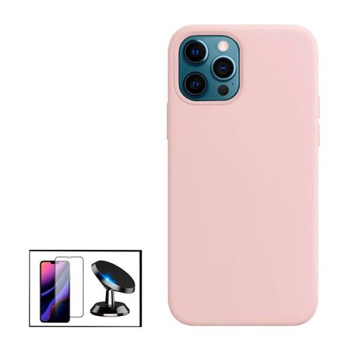 Kit Film De Verre Trempé 5d Full Cover + Coque Silicone Liquide + Support Magnétique De Voiture Pour Iphone 13 Pro - Rose