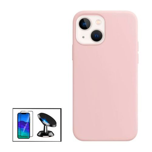 Kit Film Verre Trempé 5d Full Cover + Coque Silicone Liquide + Support Magnétique De Voiture Pour Apple Iphone 14 Max - Rose