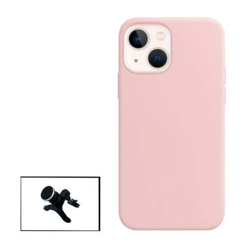 Kit Support Magnétique Renforcé De Voiture + Coque Silicone Liquide Pour Apple Iphone 14 - Rose