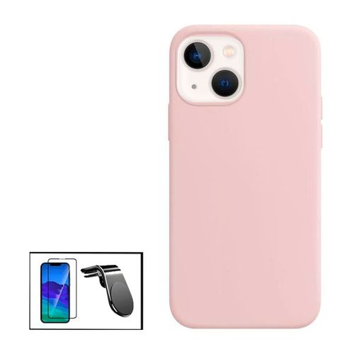 Kit Film Verre Trempé 5d Full Cover + Coque Silicone Liquide + Support Magnétique L Safe Driving Voiture Pour Apple Iphone 14 - Rose