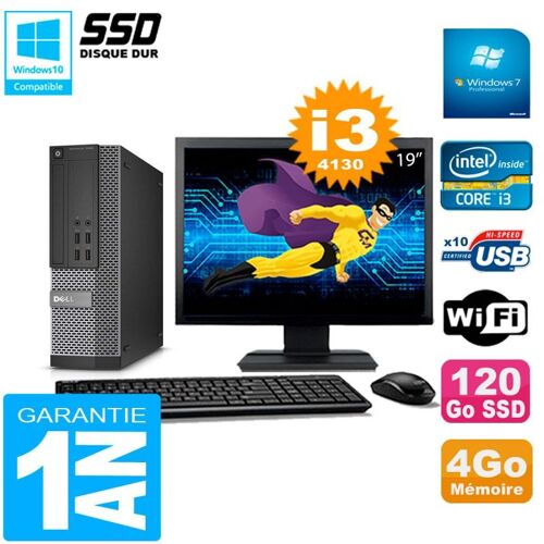 PC DELL 7020 SFF Ecran 19" Core I3-4130 RAM 4Go Disque Dur 120 Go SSD Wifi W7