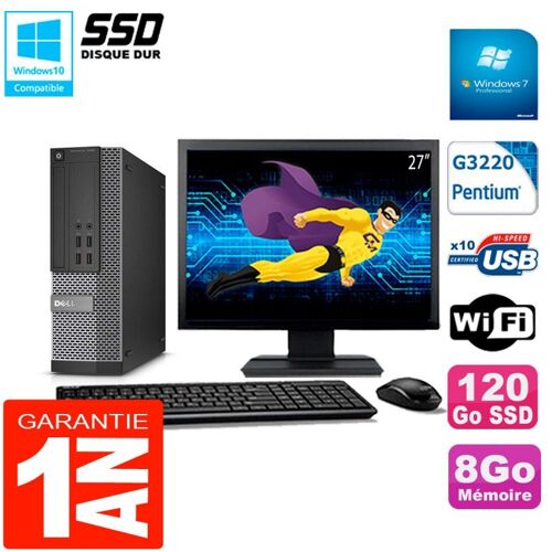 PC DELL 7020 SFF Ecran 27" Intel G3220 RAM 8Go Disque Dur 120 Go SSD Wifi W7