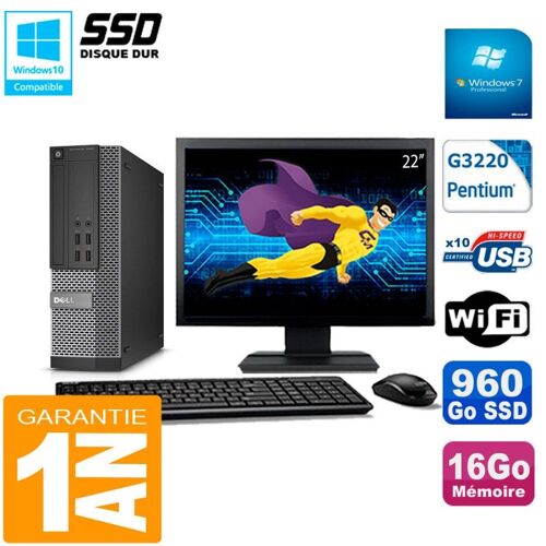PC DELL 7020 SFF Ecran 22" Intel G3220 RAM 16Go Disque Dur 960 Go SSD Wifi W7