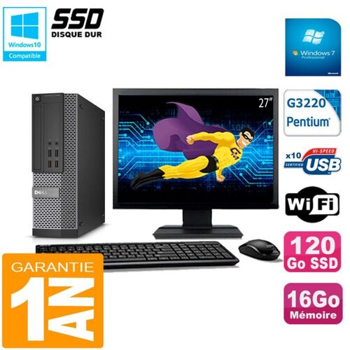 PC DELL 7020 SFF Ecran 27" Intel G3220 RAM 16Go Disque Dur 120 Go SSD Wifi W7