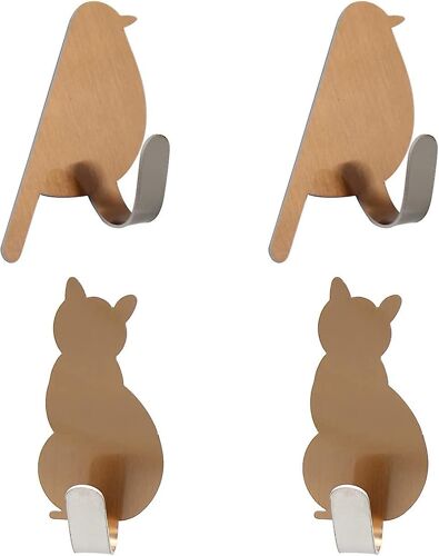 Lot de 4 crochets autocollants pour enfants, crochets en acier inoxydable pour oiseaux et chats, crochets adhésifs dorés pour dessin animé, crochets pour essuie-tout