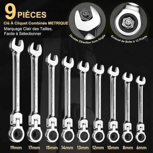 Jeu De Clés Mixtes À Cliquet À Tête Flexible,Clé À Cliquet Métrique,72 Dents,180°,Construction Cr-V,Chromage Pour Réparation De Vélo Et D¿Entretien 6-19Mm