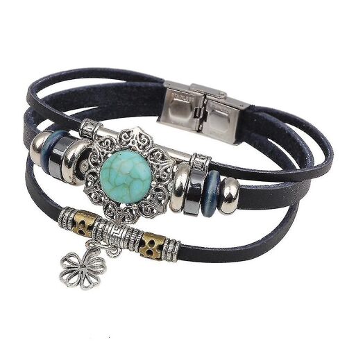 Bracelt En Cuir Avec Boucle En Alliage Pendentif En Trèfle À Quatre Feuilles