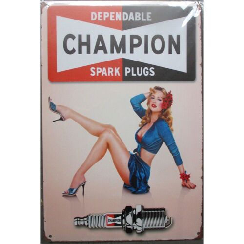 Plaque Pin Up Rousse Et Bougie Champion Spark Plug 30cm Tole Publicitaire Metal Pub