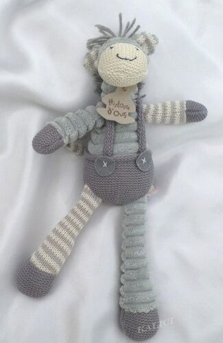 Doudou Peluche Ane Gris Rayures Blanc Histoire D'ours