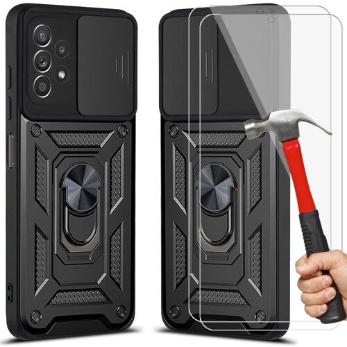 Lot 2 Verres Trempes et Coque Pour Samsung A32 4G (6.4'') Noir Anneau Arrière Anti-Rayure Dure Style Armee Antichoc