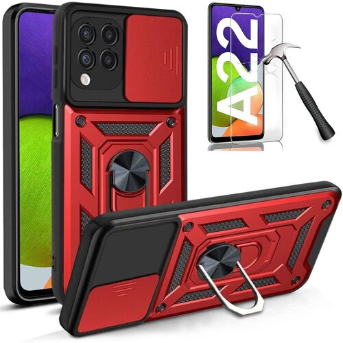 Pack De 2 Verres Trempes + Coque Pour Samsung A22 4g (6.4'') Rouge Bordure Renforcee Antichoc Cache Camera Anti-Rayure Dure