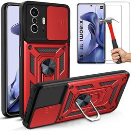 Pack 2 Verres Trempes+ Coque Pour Xiaomi 11t (6.67'') Rouge Antichoc Epais Style Armee Dure Bordure Renforcee
