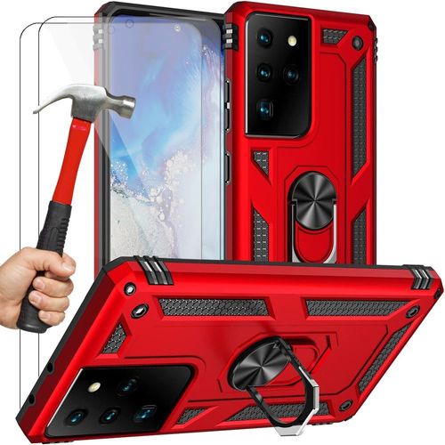 Lot 2 Verres Trempes et Coque Pour Samsung S21 Ultra (6.8'') Rouge Anti-Rayure Bordure Renforcee Antichoc Anneau Arrière Solide