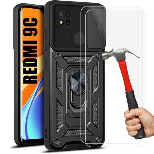 Pack 2 Verres Trempes+ Coque Pour Redmi 9C (6.53'') Noir Style Armee Antichoc Epais Anneau Arrière Anti-Rayure
