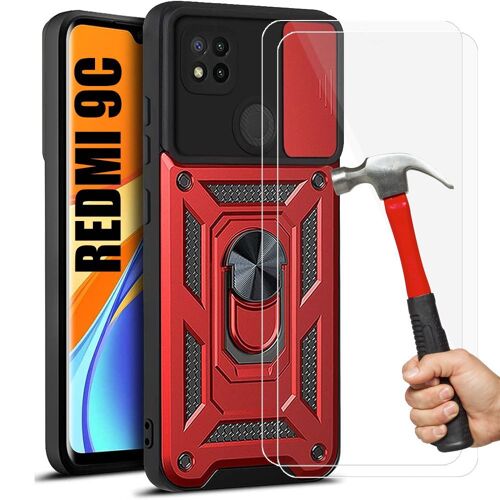Lot De 2 Verres Trempes+ Coque Pour Redmi 9C (6.53'') Rouge Epais Style Armee Bordure Renforcee Anti-Rayure Antichoc