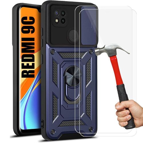 Lot 2 Verres Trempes+ Coque Pour Redmi 9c (6.53'') Bleu Marine Style Armee Dure Anti-Rayure Anneau Arrière Rigide