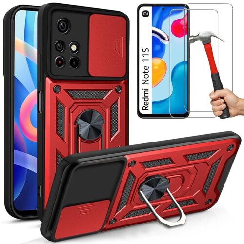 Lot 2 Verres Trempes+ Coque Pour Redmi Note 11S (6'') Rouge Style Armee Dure Anti-Rayure Anneau Arrière Rigide