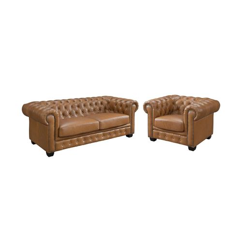 Canapé Chesterfield 3+1 Places Brenton 100% Cuir De Buffle Premium - Caramel Vintage