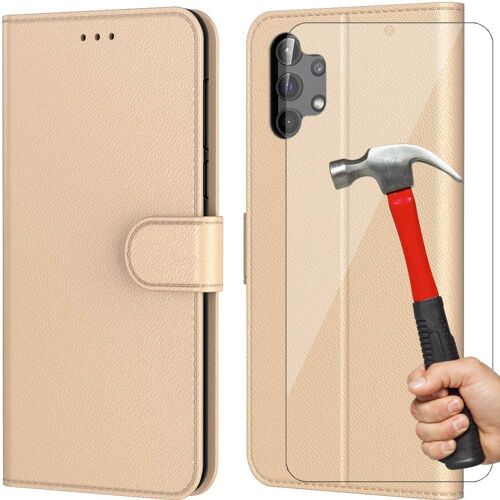 Lot De 2 Verres Trempes + Coque Pour Samsung A13 5g (6.5'') Dore Anti Rayure Anti-Choc Couleur Unie Effet Cuir
