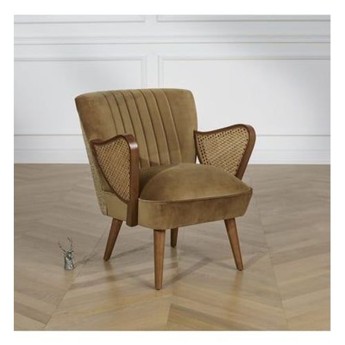 Fauteuil En Hévéa, Cannage, Tissus Tweed Et Velours Seventy