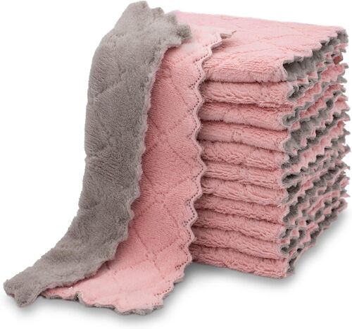 Wekity Pack De 12 Torchons En Tissu De Cuisine, Torchons De Qualité Supérieure, Torchons En Velours Corail Super Absorbants, Antiadhésif Lavable À L'huile À Séchage Rapide (Rose-Gris)