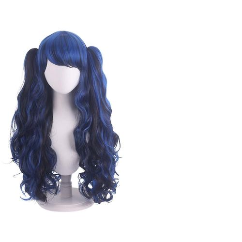 Jusch Lolita Long Curly Clip Sur Les Queues De Cheval Cosplay Perruque, Double Queue De Cheval Tigre Clip Longue Perruque Bouclée (Noir/Bleu), Wz-1356r