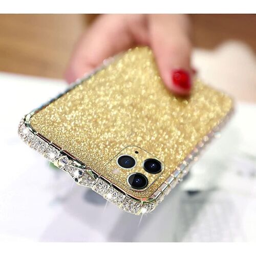 Pour Iphone 13 Pro Max Coque En Strass Diamant Pour Femme Avec Coque De Bord De Cadre De Pare-Chocs En Métal Plaqué Brillant (Or)