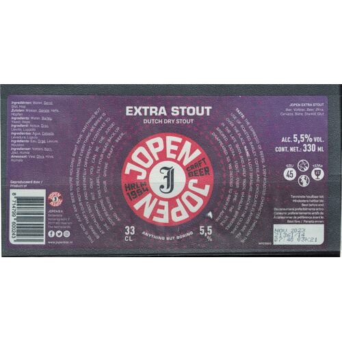 Pays Bas Etiquette Bière Beer Label Jopen Extra Stout Dutch Dry Stout