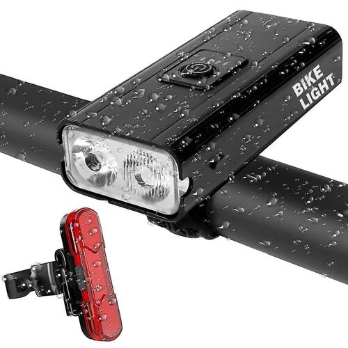 Phare De Vélo Étanche Rechargeable Par Usb Jusch, Avec Affichage De La Puissance - Feu Avant + Feu Arrière 1010 (Pack Unique)