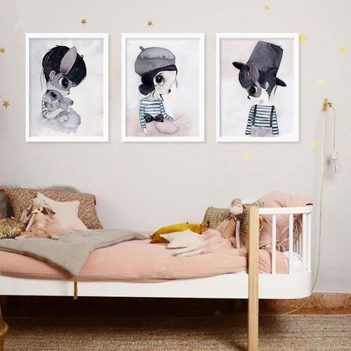 Wekity Lapin Fille Et Garçon Wall Art Toile Impression Affiche, Simple Mignon Aquarelle Art Dessin Decor Pour La Maison Salon Chambre Bureau Et Enfants R