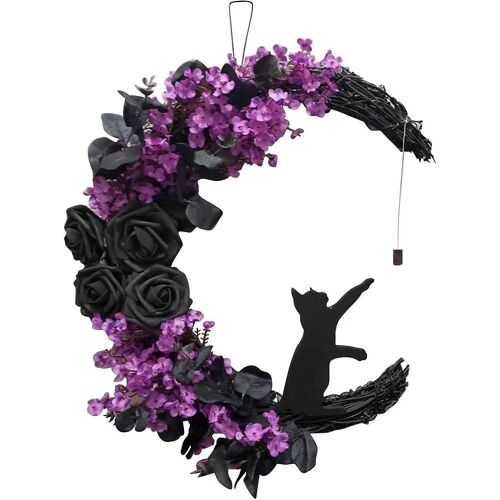 Couronne D'halloween Jusch Pour Porte D'entrée Halloween Lune Décorations Violet Floral Chat Porte Signe Suspendu Ornement Mur Fenêtre Fête Decor Couronne Guirlande O